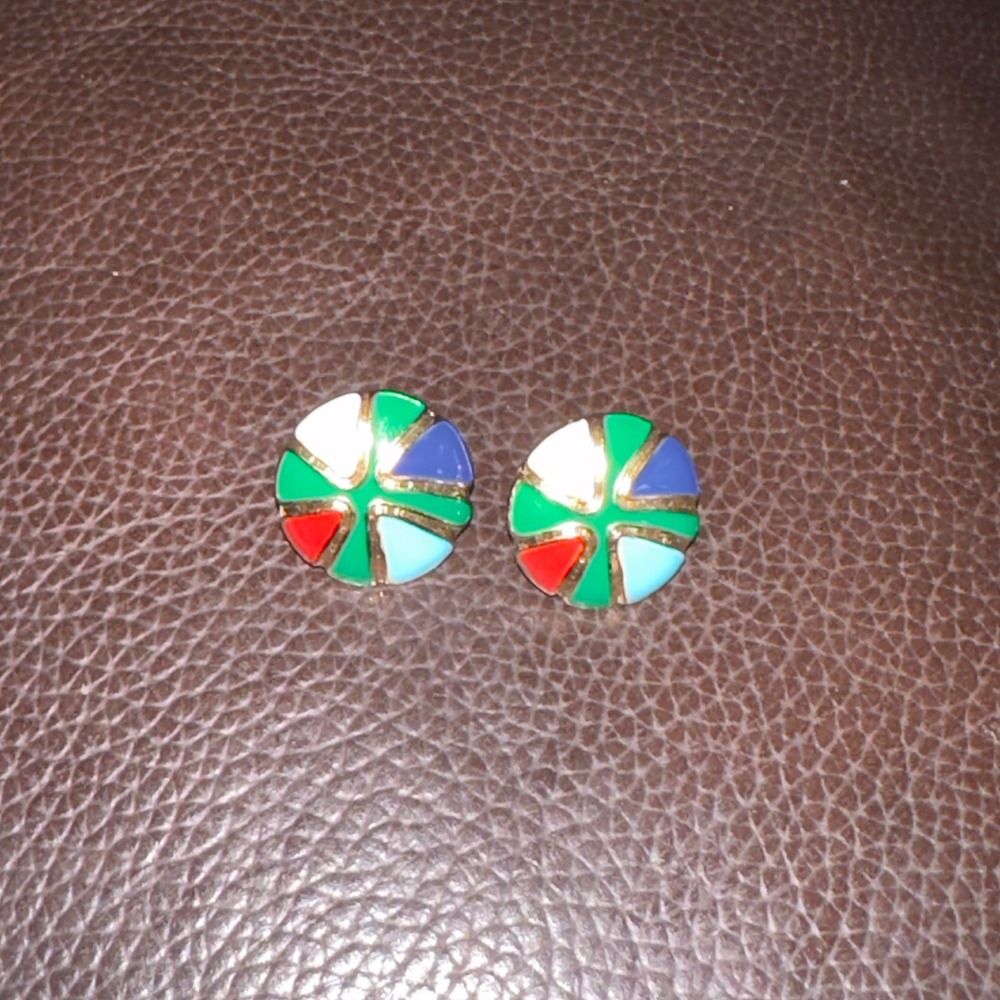 Vintage Multi Color Enamel Geometric Round Stud Earrings Gold Tone Post Backs